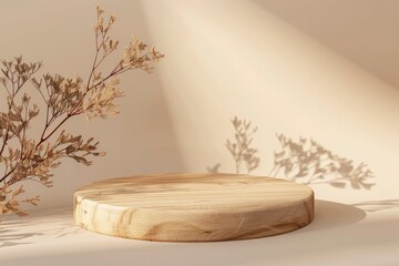 Wall Mural - Wooden eco rustic pine tree wood circle disc platform podium on beige background. Minimal empty display product presentation scene - generative ai