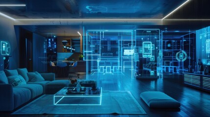 Poster - A futuristic living room with a blue couch, coffee table, and a blue rug