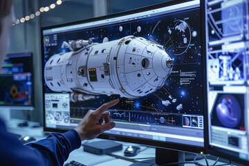 Person designing a spacecraft on a computer
