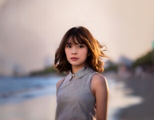 Sticker - Portrait of beautiful young asian woman on beach 