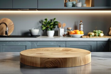 Wooden podium on table in kitchen interior with copy space for product montage - generative ai