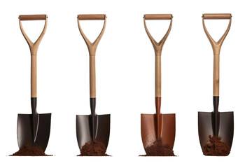 A Quartet of Shovels Ready to Dig in the Rich, Dark Earth on a Clear PNG or White Background.