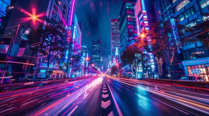 Poster - A modern city street at night illuminated by neon lights and skyscrapers