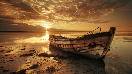 An old boat at sunset.