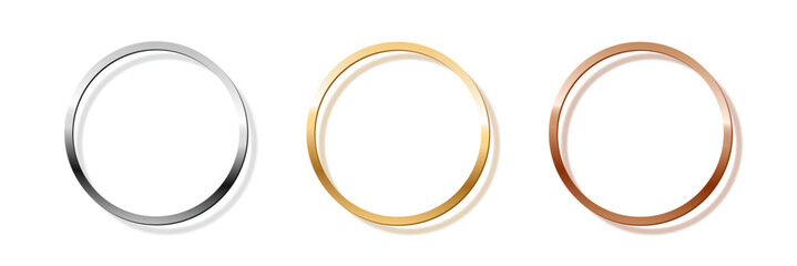 Gold, silver, bronze circle award frames 3d vector realistic illustration. First, second, third place medals isolated on white background. Winners trophy. Blank shiny badge, banner, label.