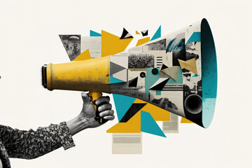 Person is holding a megaphone with a modern art collage inside, symbolizing the spread of information and ideas