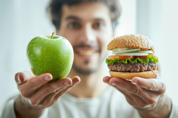 Man is holding a hamburger and a green apple, representing the choice between healthy and unhealthy food