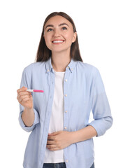 Sticker - Happy woman holding pregnancy test on white background