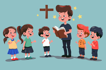 child holding bible with friends cartoon kids illustration religious christian