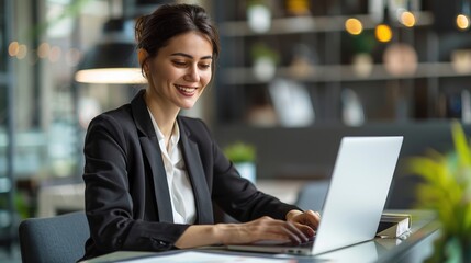 Poster - A woman is sitting at a desk with a laptop in front of her