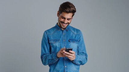 Poster - A man is smiling and looking at his cell phone