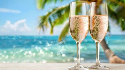 Two champagne flutes stand on a white table with a blurred beach and palm trees in the background.