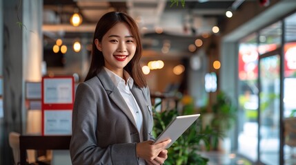 Poster - A woman in a business suit is holding a tablet in her hand