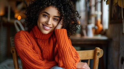 Canvas Print - A woman in an orange sweater is smiling and resting her head on her hand