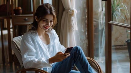 Poster - A woman is sitting in a chair and looking at her cell phone