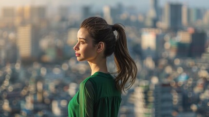 Canvas Print - A woman with long hair stands in front of a city skyline