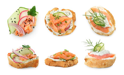 Wall Mural - Set of different canapes isolated on white, top and side views