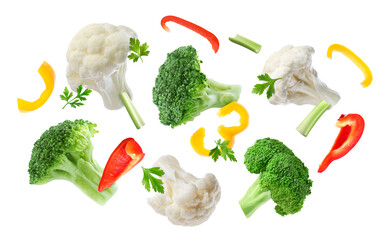 Wall Mural - Cut bell pepper, broccoli, cauliflower and parsley in air on white background