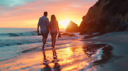 Wall Mural - couple walking on the beach in the sunset shoes in hand