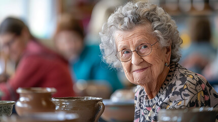 An elderly woman smiling while engaging in a pottery class, representing active aging and lifelong learning.