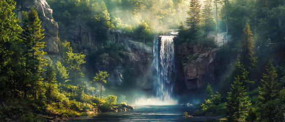 Wall Mural - Lush green forest surrounds a cascading waterfall tumbling over moss-covered rocks. Image generated by AI