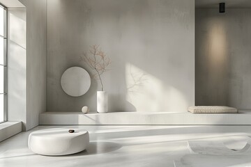Leinwandbilder - A minimalist room featuring a modern, sunlit design with a round white ottoman, abstract wall art, and subtle textured details reflecting simplicity and elegance.