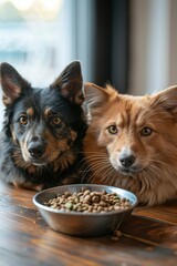 Closeup of a cat and dog s faces with kibble bowls, soft focus background, natural light