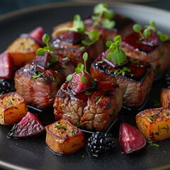 Wall Mural - a sumptuous serving of fine dining cuisine, venison loin with blackberry reduction and roasted root vegetables