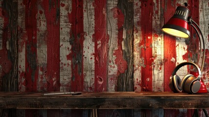 texture background png clipart of a grunge wall with a red and white striped pattern, a wooden table with a lamp, and a pair of headphones on a wooden surface