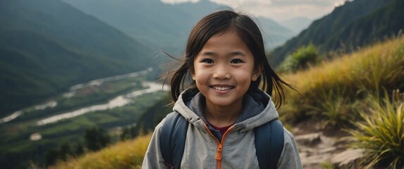 Wall Mural - young asian kid girl in cloudy top of mountain sunny peak portrait smiling landscape background