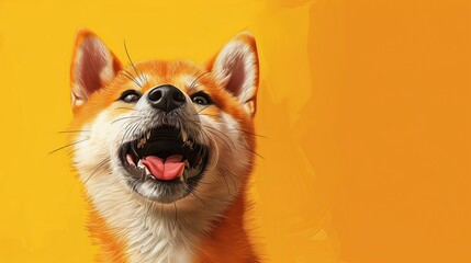 Wall Mural - a Shiba Inu dog wearing a happy smile, with its distinctive red coat beautifully depicted against a solid yellow-orange background.