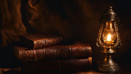 set of old books and a classic lamp