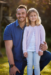 Wall Mural - Portrait, father and girl in backyard, smile and happiness with love, time together and embrace. Face, family and dad with daughter, kid and childhood with care, hug and cheerful in garden at home