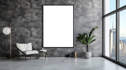 Mock up white blank poster frame in modern living room