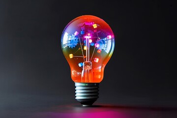 Colorful light bulb with mechanical elements on black background, innovative marketing idea, sleek and modern.