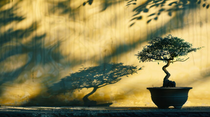 Wall Mural - A photograph of a small bonsai tree in a pot, casting an intricate shadow on a plain background