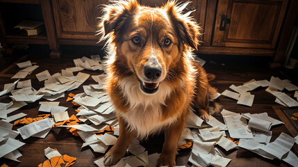 Wall Mural - portrait of a dog in a messy room created with Generative AI technology