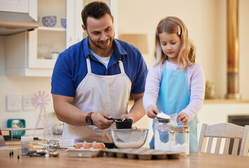 Wall Mural - Recipe, baking and dad with child in kitchen with ingredients for bonding, learning and fun together. Family, home and happy father and girl helping with flour for cupcake, dessert and sweet treats