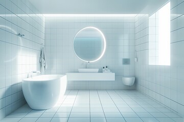 Poster - Modern bathroom interior featuring a freestanding bathtub and a circular mirror