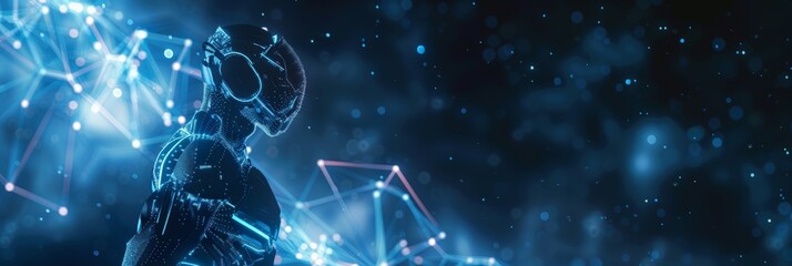 A futuristic robot with blue glowing lights in a dark, starry background. Advanced AI and sci-fi technology representation.