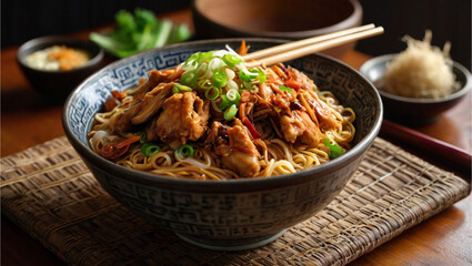 Wall Mural - Selective focus of a bowl of chicken noodles topped with abundant spiced chicken and spring onions.