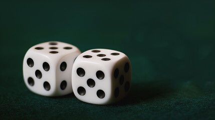 The white dice show five and six on a green background, two dice close together, gambling luck concept