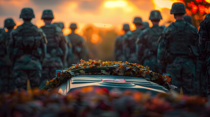 Poster - A flag-draped casket borne by a military honor guard amidst a memorial service with a blurred background offering copy space