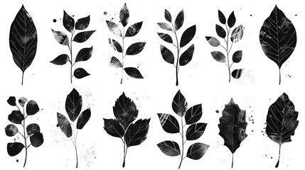 Hand drawn set of grunge modern textured brush black leaves isolated on white background