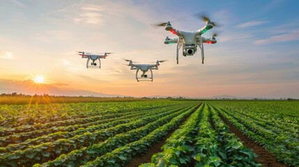 Wall Mural - Drones hovering over crop fields, illustrating the shift towards precision farming for higher yields.