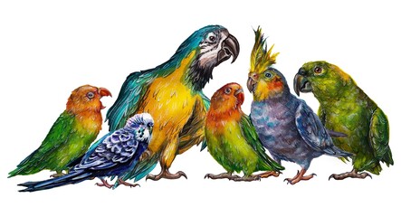 Many parrots of different species. Bird company. Watercolor drawing on a white background.