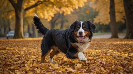 Wall Mural - Playful bernese mountain dog strides through park blanketed in vibrant autumn leaves. Its tongue lolls out, it gazes directly at camera, capturing essence of falls serenity.