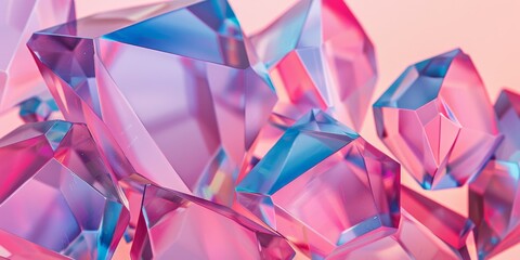 Close-up of vibrant pink and blue geometric crystals. Shiny and transparent, perfect for artistic and modern designs, offering a magical and surreal aesthetic.