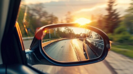 the rear view mirror of a car on the side of the road with the sun reflecting in the rear view mirro. travel concept