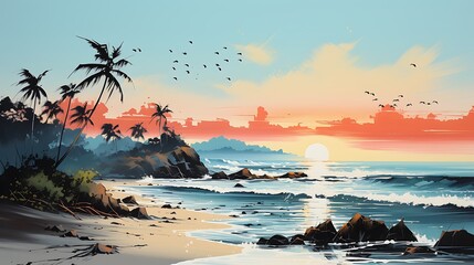 Wall Mural - **Craft a minimalist line drawing of a tranquil beach scene with palm trees and seagulls